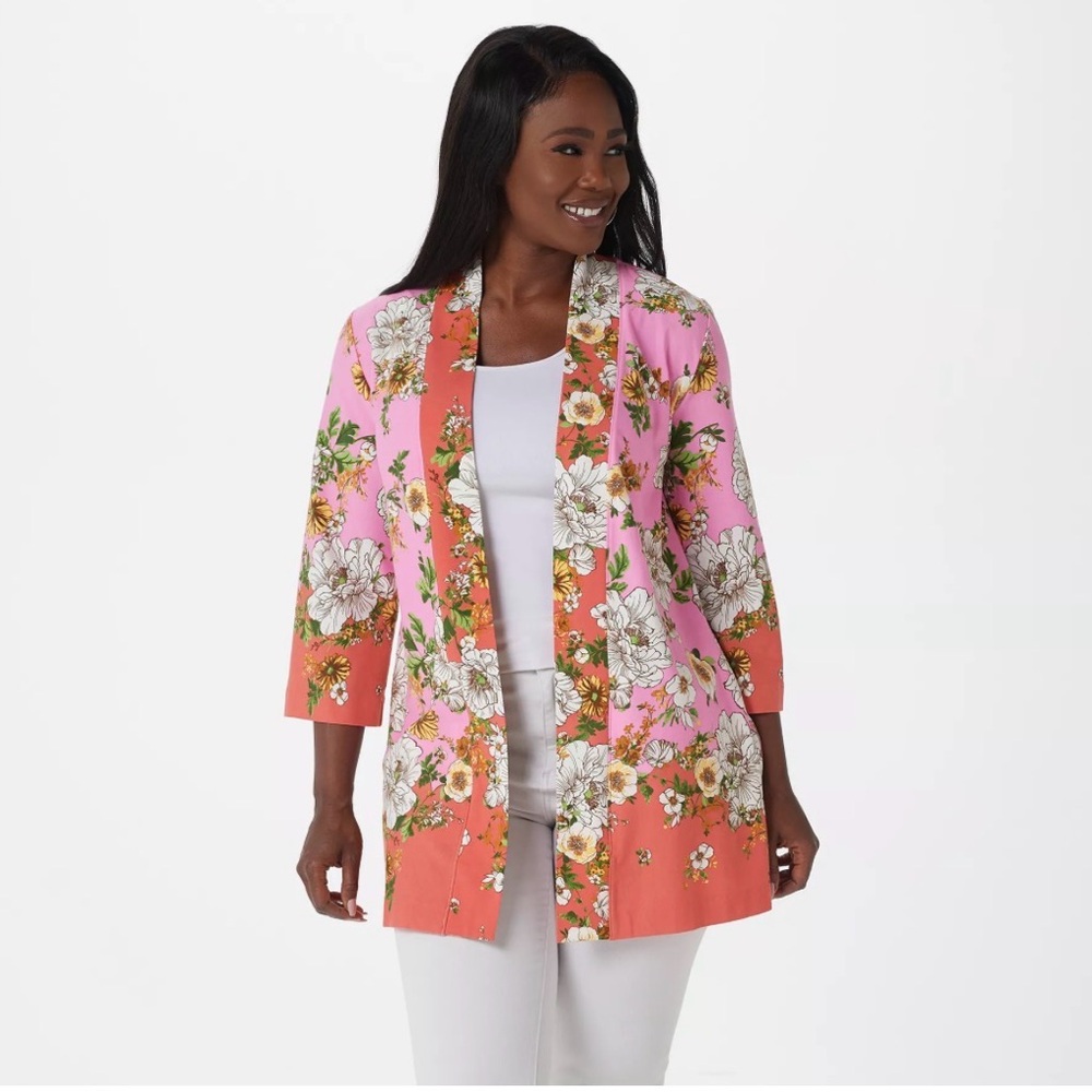 Isaac Mizrahi Floral Kimono Jacket Pink Orange Open Front Lightweight Blazer
